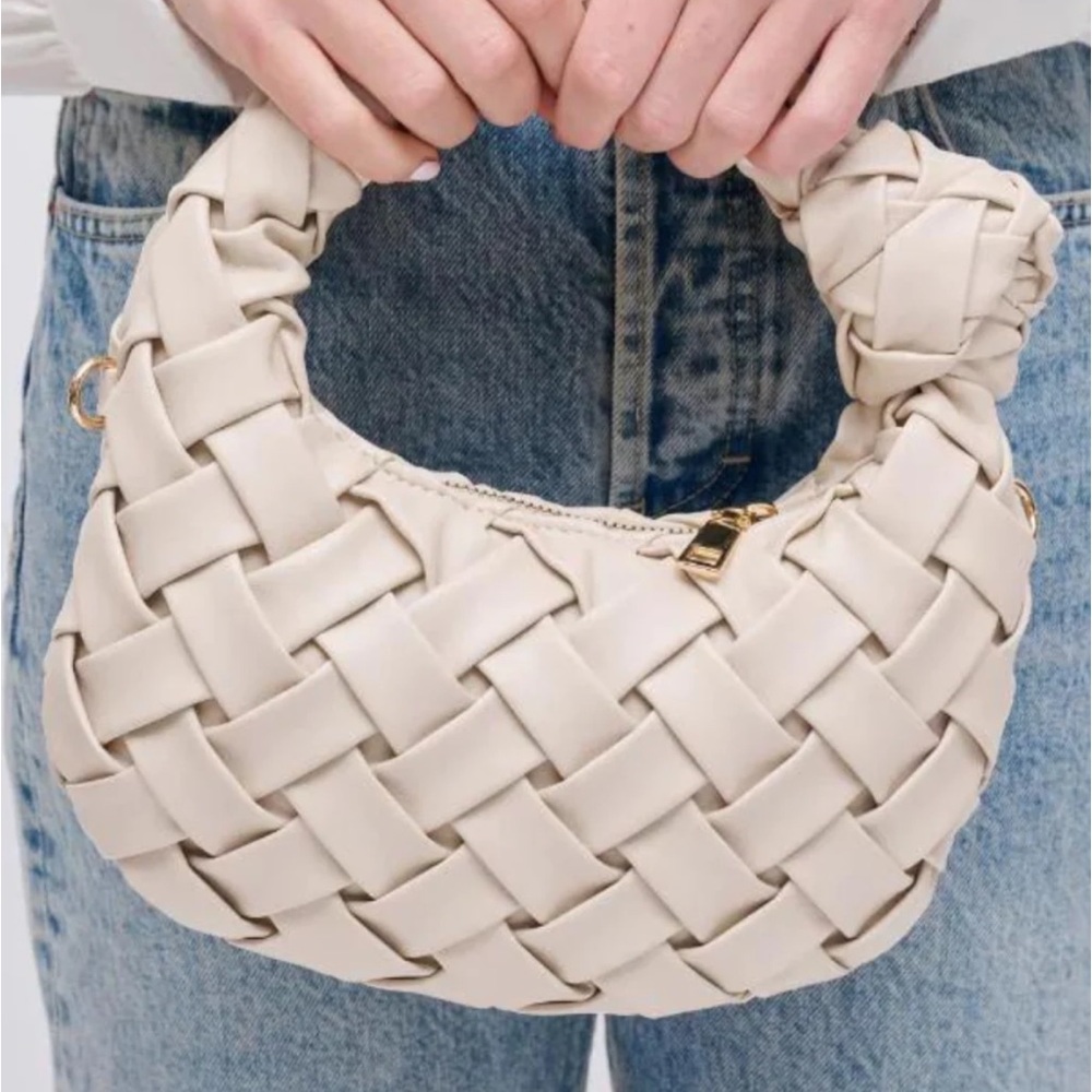 Woven Faux Leather Knot Handle Bag in Ivory